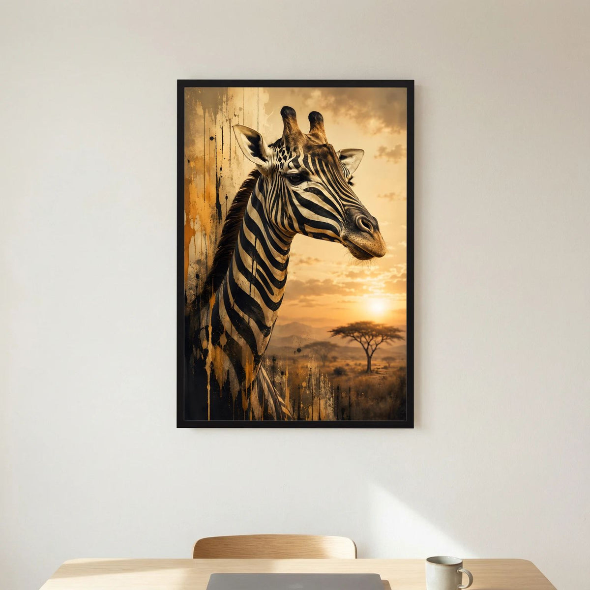 Tierposter im Hochformat: Giraffe im Zebra-Look, schwarzer Holzrahmen