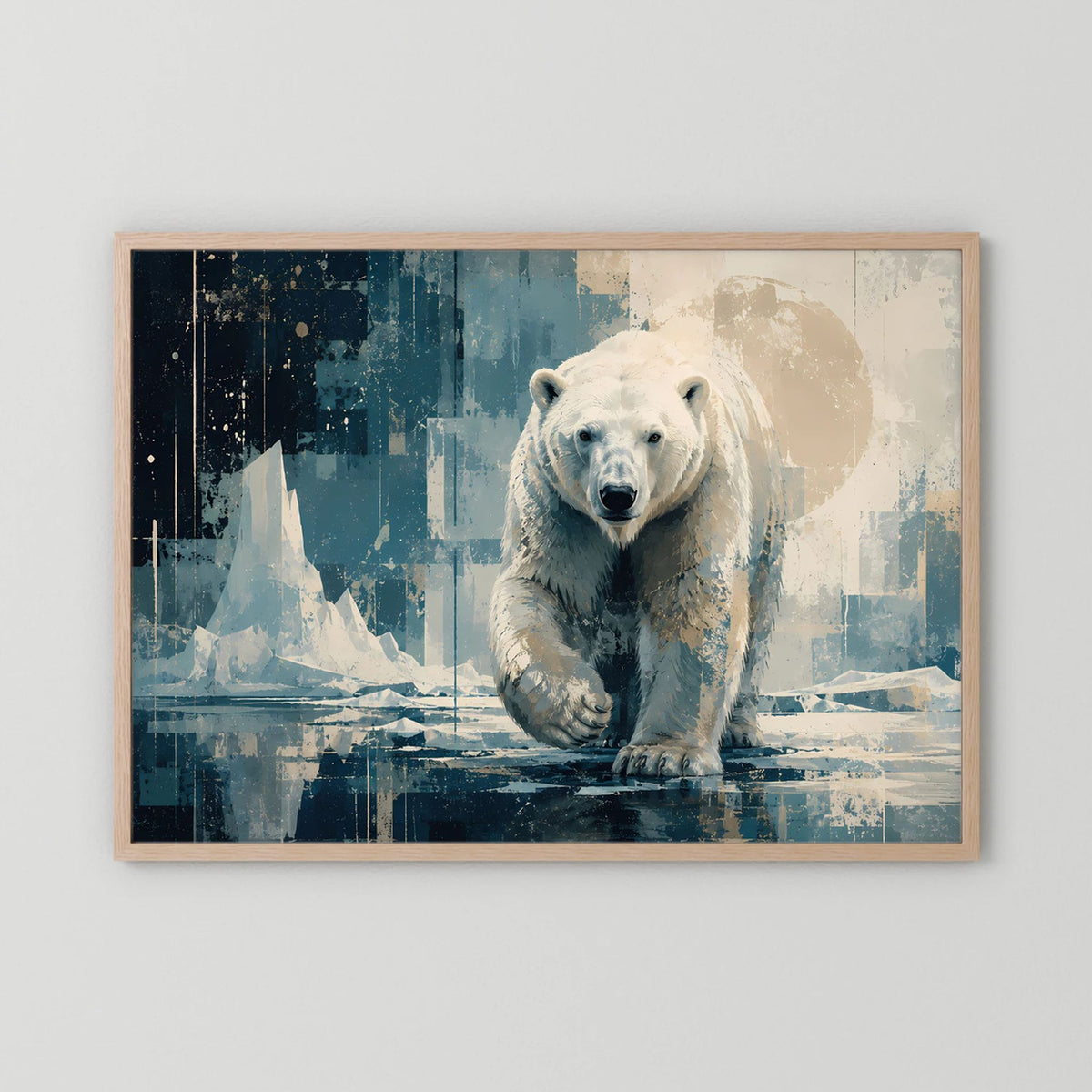 Gerahmtes Poster mit Eisbär im Blau-Beige-Abstraktbild, querformatig, heller Holzrahmen