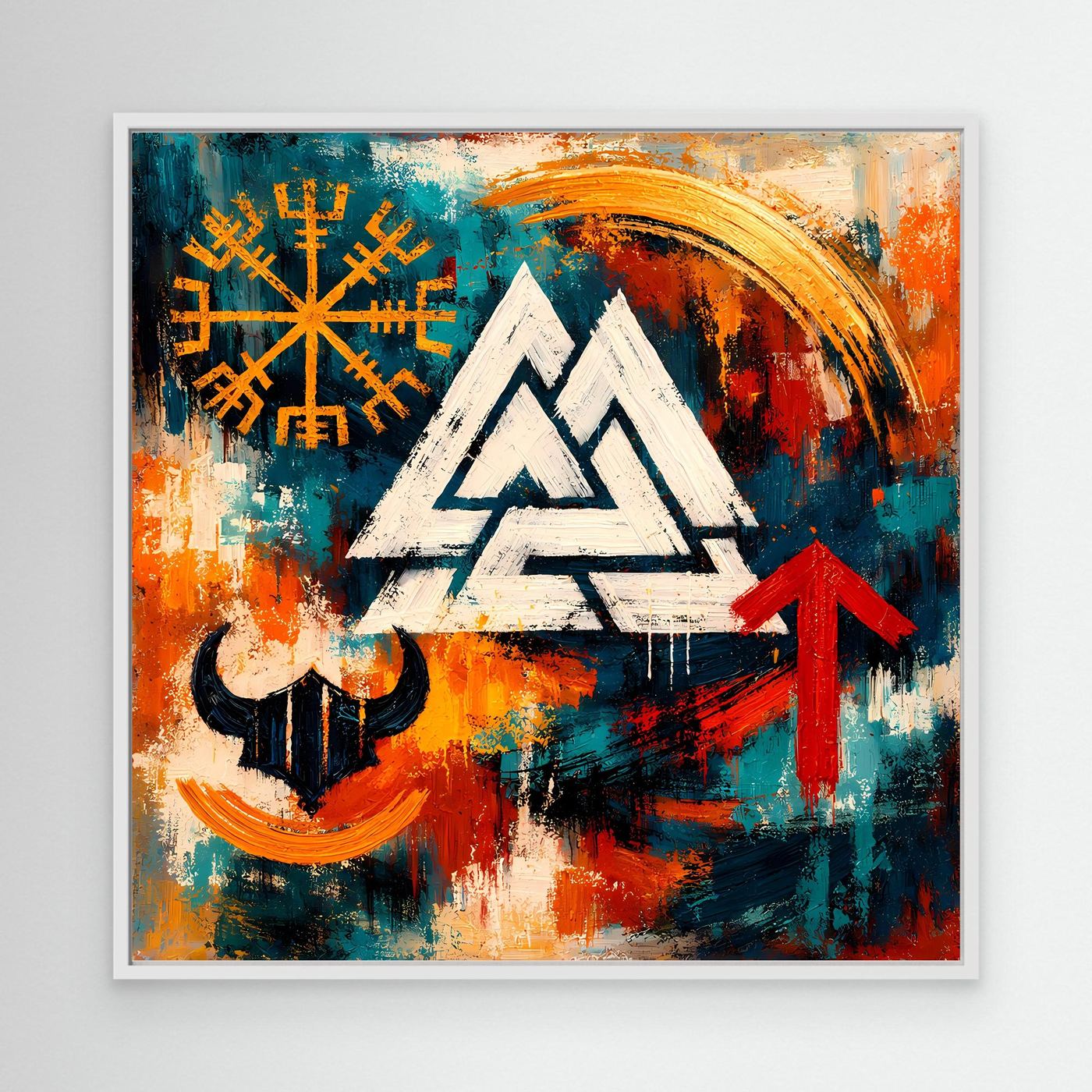 Leinwand-Wandbild mit weißem Rahmen, Wikinger-Motiv: Valknut, Runen und roter Pfeil