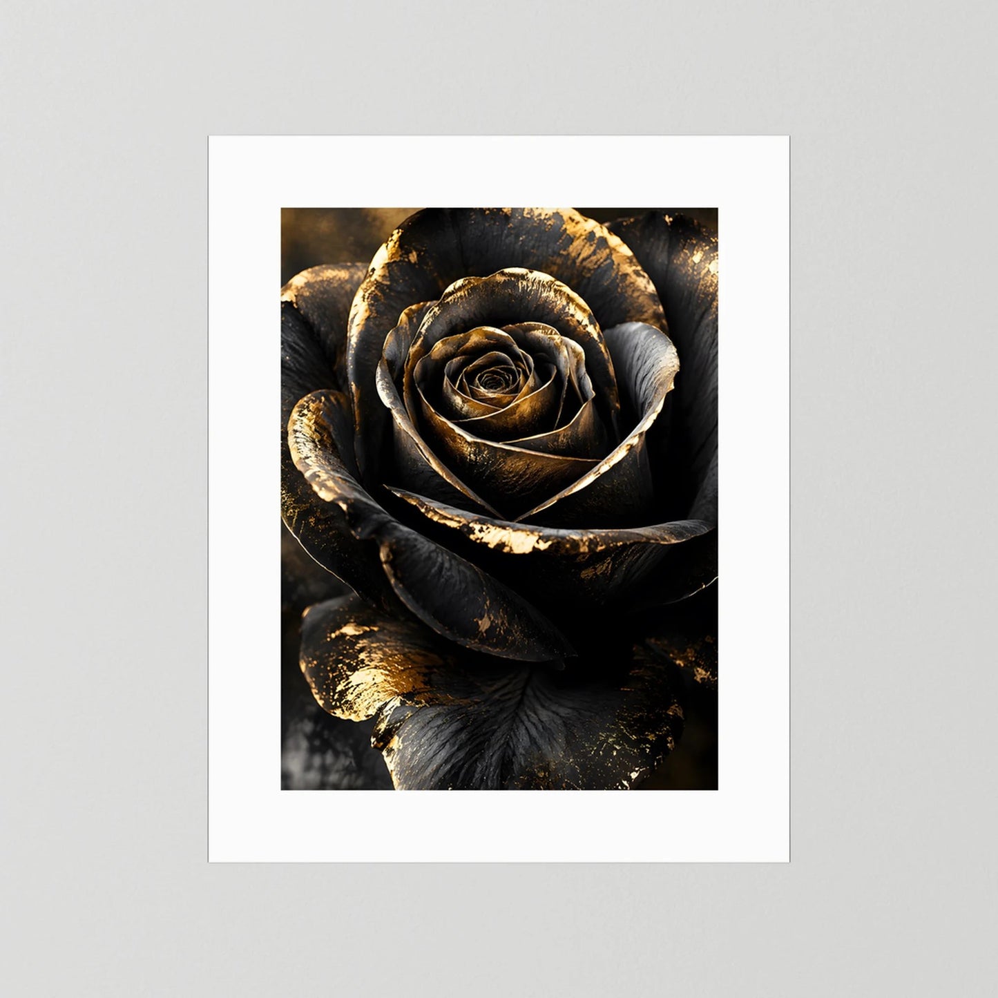 Poster mit schwarzer Rose und goldenen Akzenten im weißen Passepartout