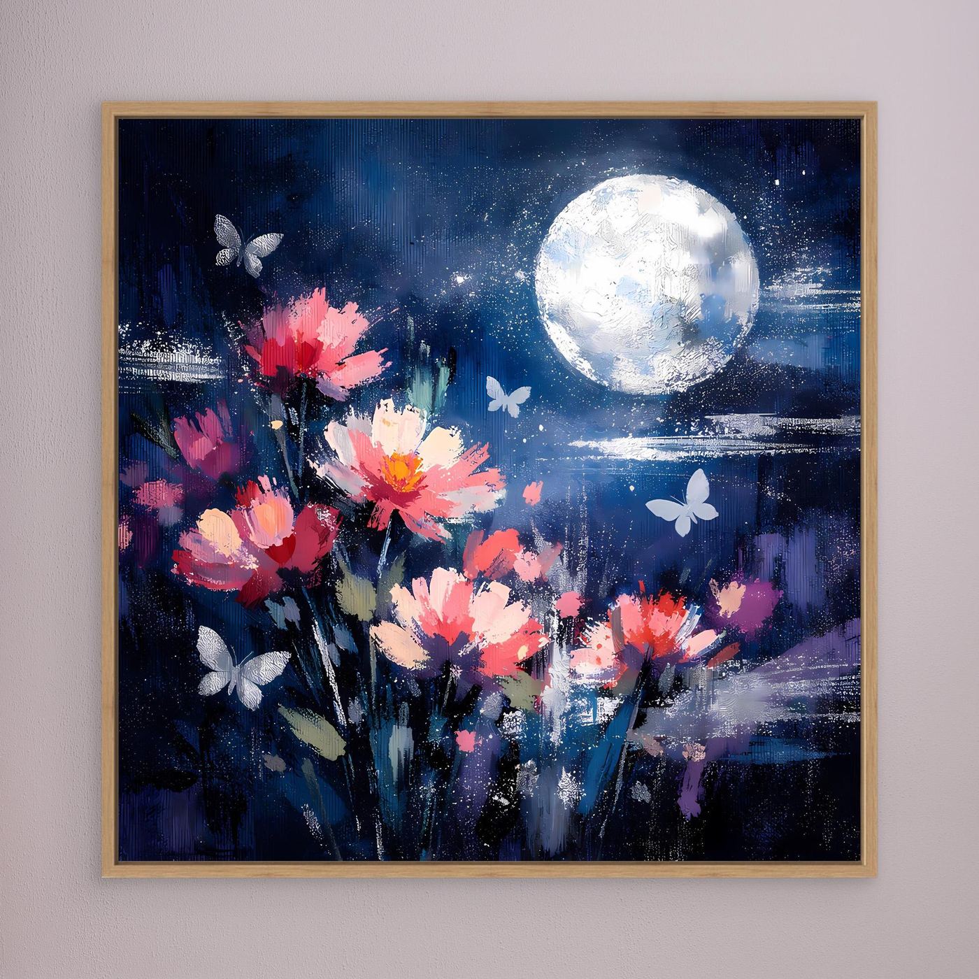 Leinwand-Wandbild mit abstrakten pinken Blumen, Schmetterlingen und hellem Mond, im Holzrahmen