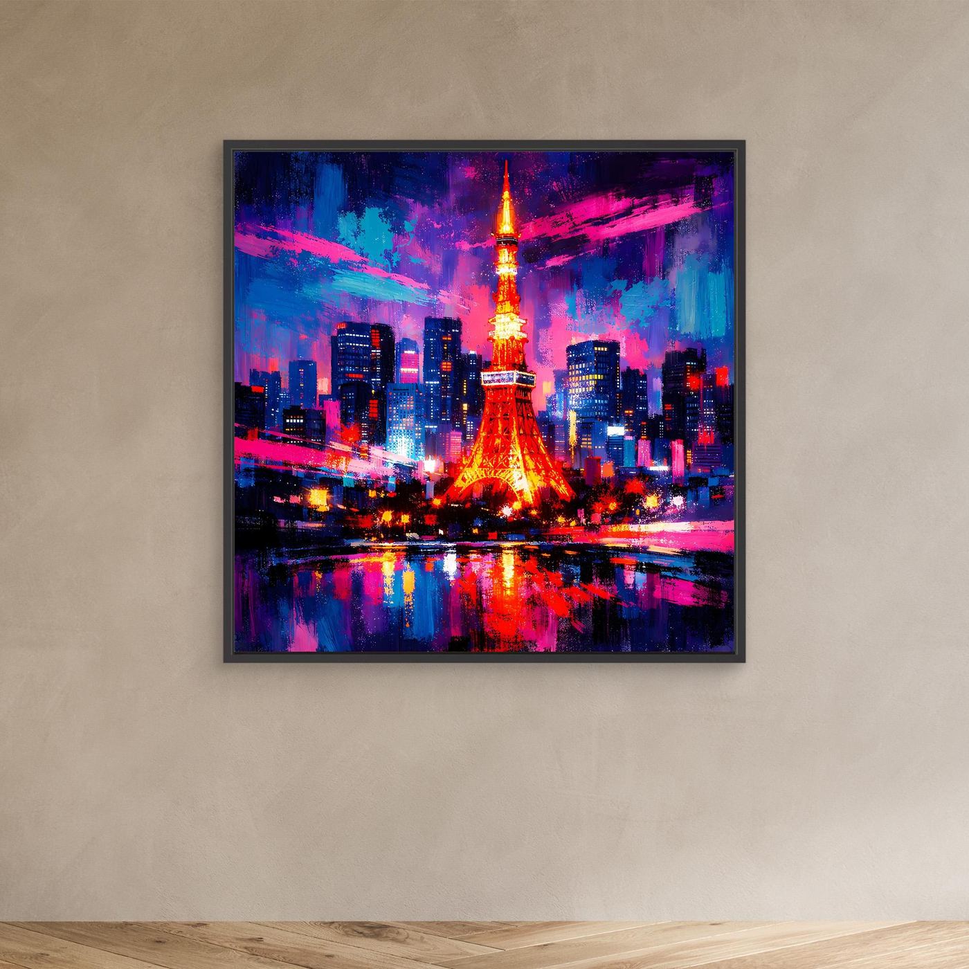 Leinwand-Wandbild Skyline mit Eiffelturm, Neonfarben, schwarzer Rahmen
