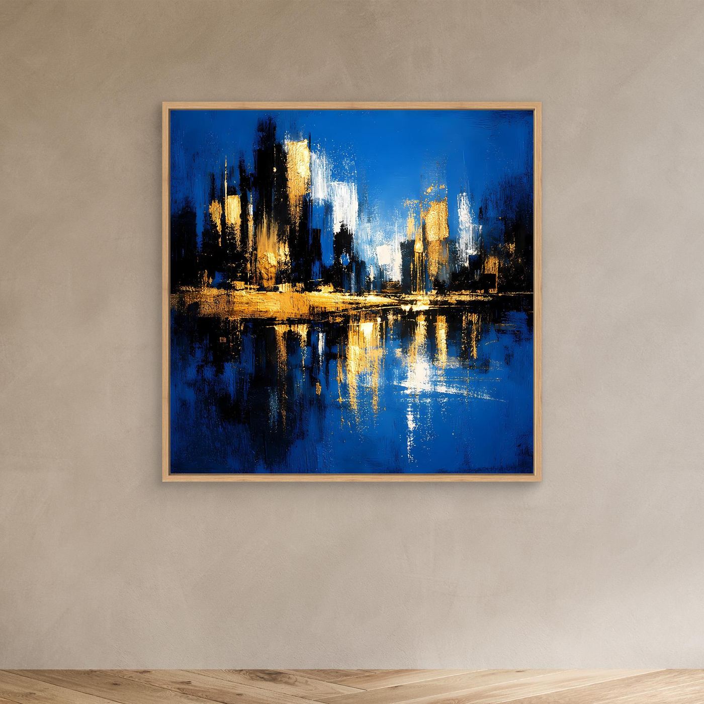 Leinwand Abstrakte Skyline in Blau und Gold | Modernes Großstadt Wandbild mit Spiegelung
