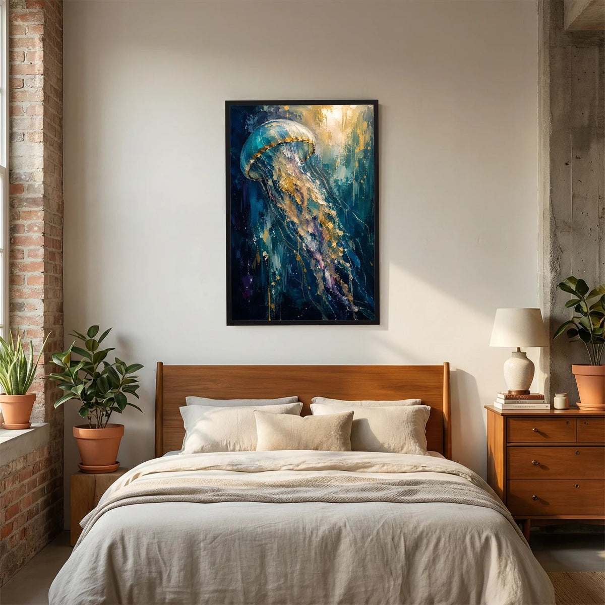 Wandbild mit abstrakter Qualle in Blau und Gold, schwarz gerahmt, über dem Bett.