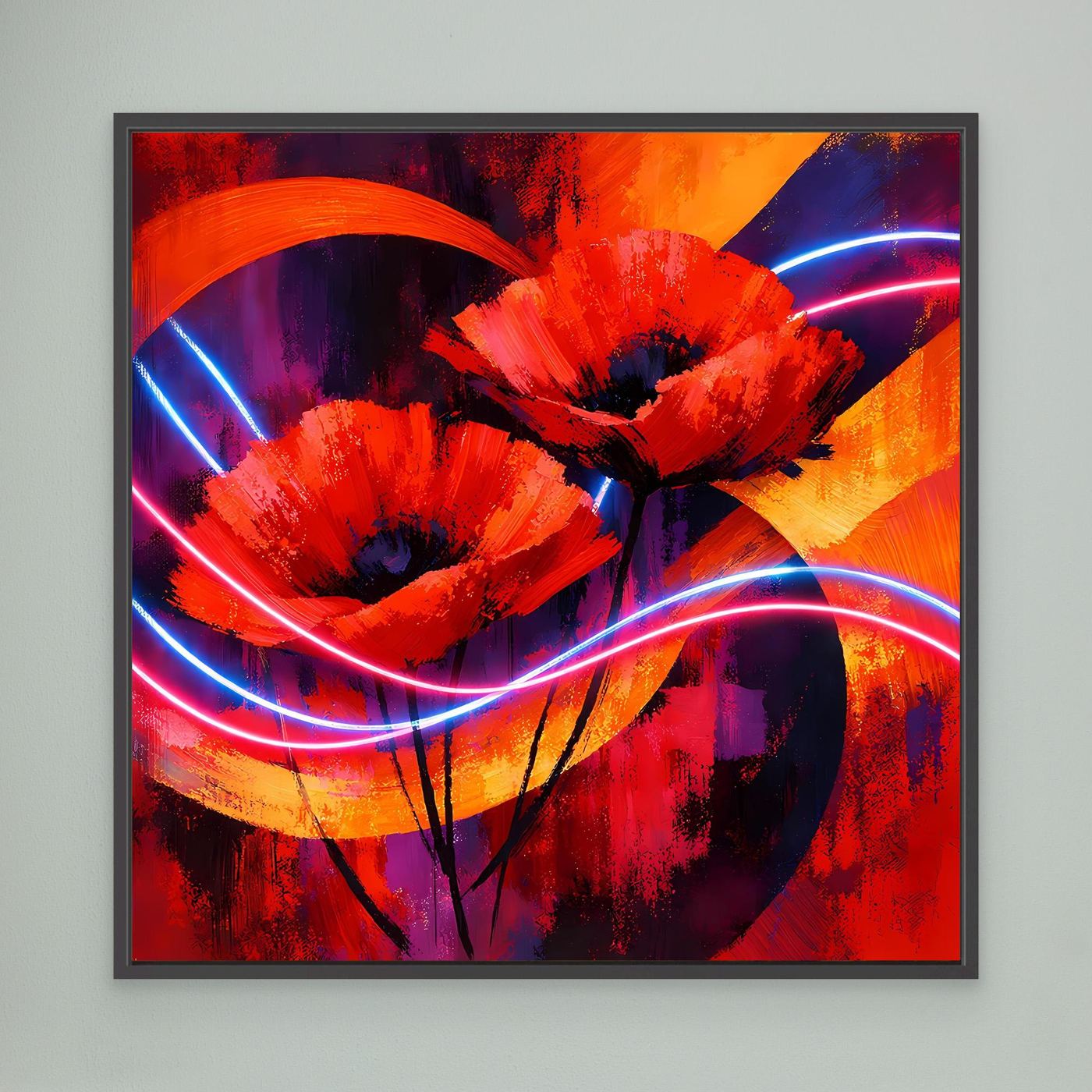 Leinwandbild mit abstrakten roten Mohnblumen und neonfarbenen Lichtbögen im schwarzen Rahmen