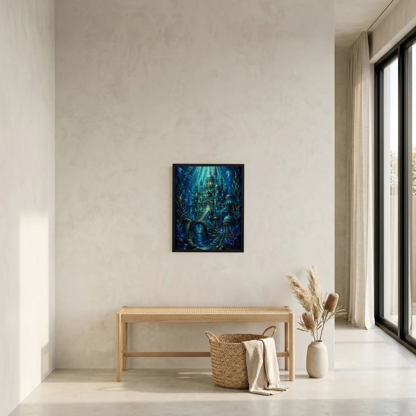Gerahmtes Hochformat-Poster mit blauem Mosaikmotiv der Unterwasserstadt