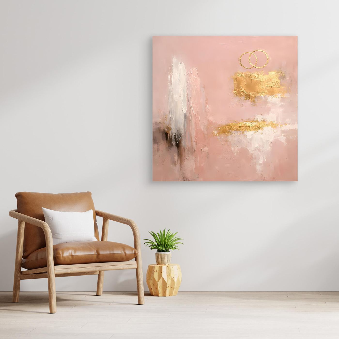 Leinwand Abstraktes Hochzeitsgemälde in Altrosa und Gold | Modernes Wandbild Eheringe