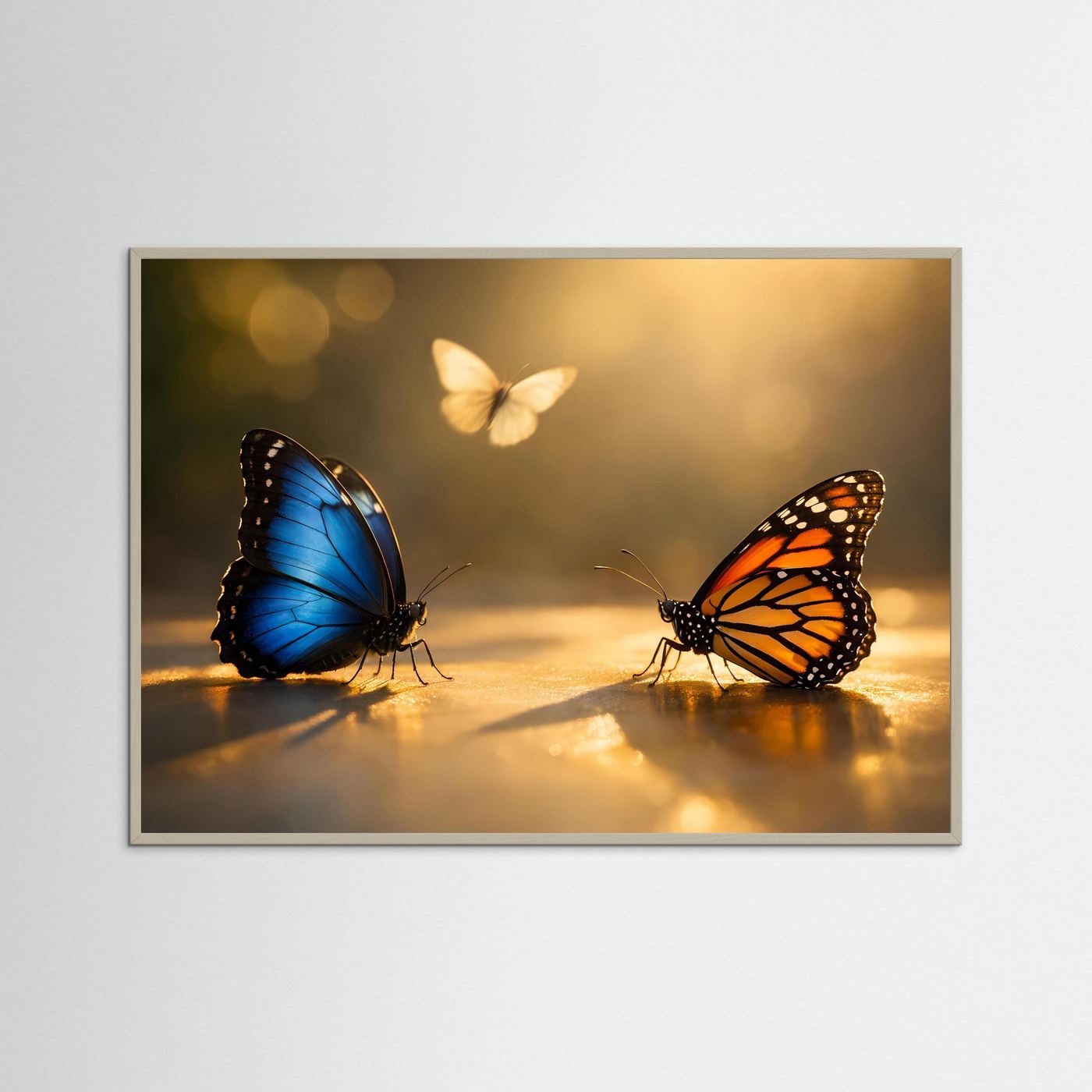 Poster mit Schmetterlingen, blau und orange, Querformat, silbergrauer Rahmen