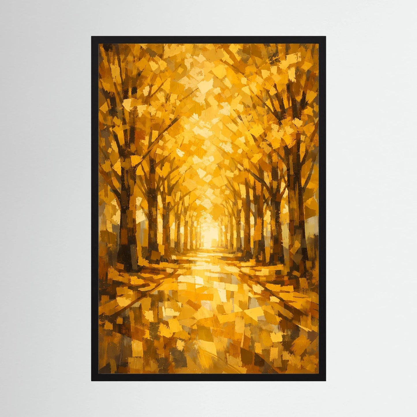 Herbstlandschaft-Poster mit Baumallee im goldenen Licht, schwarze Einfassung, Hochformat