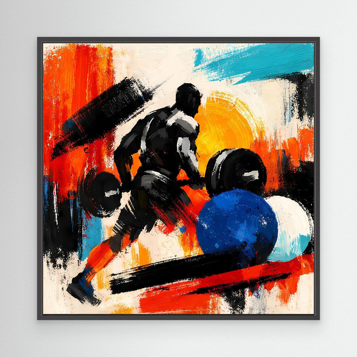 Abstract fitness canvas wall art with weightlifter lifting a barbell, black frame