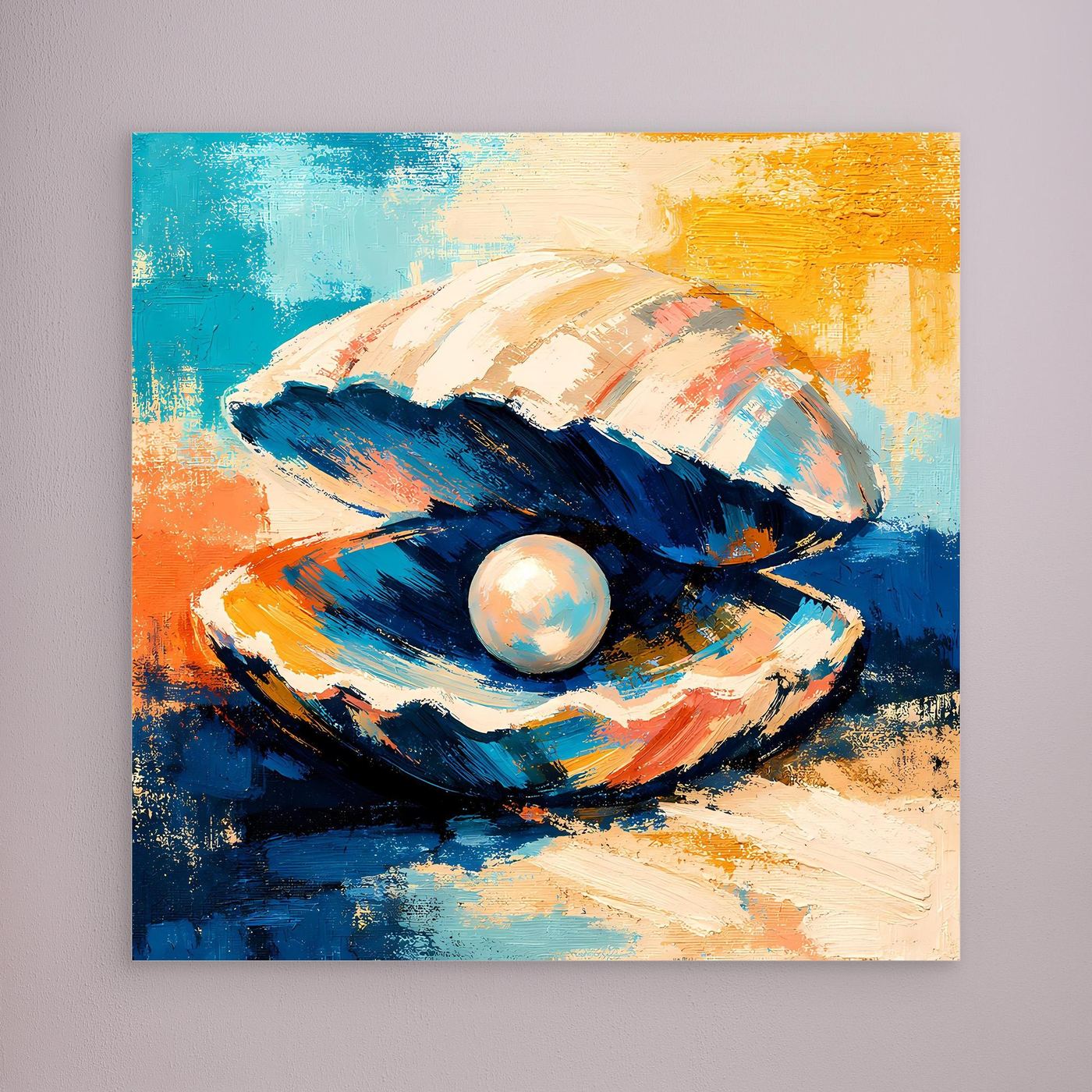 Abstract canvas wall art of a seashell with pearl, blue, orange, and white textured strokes.