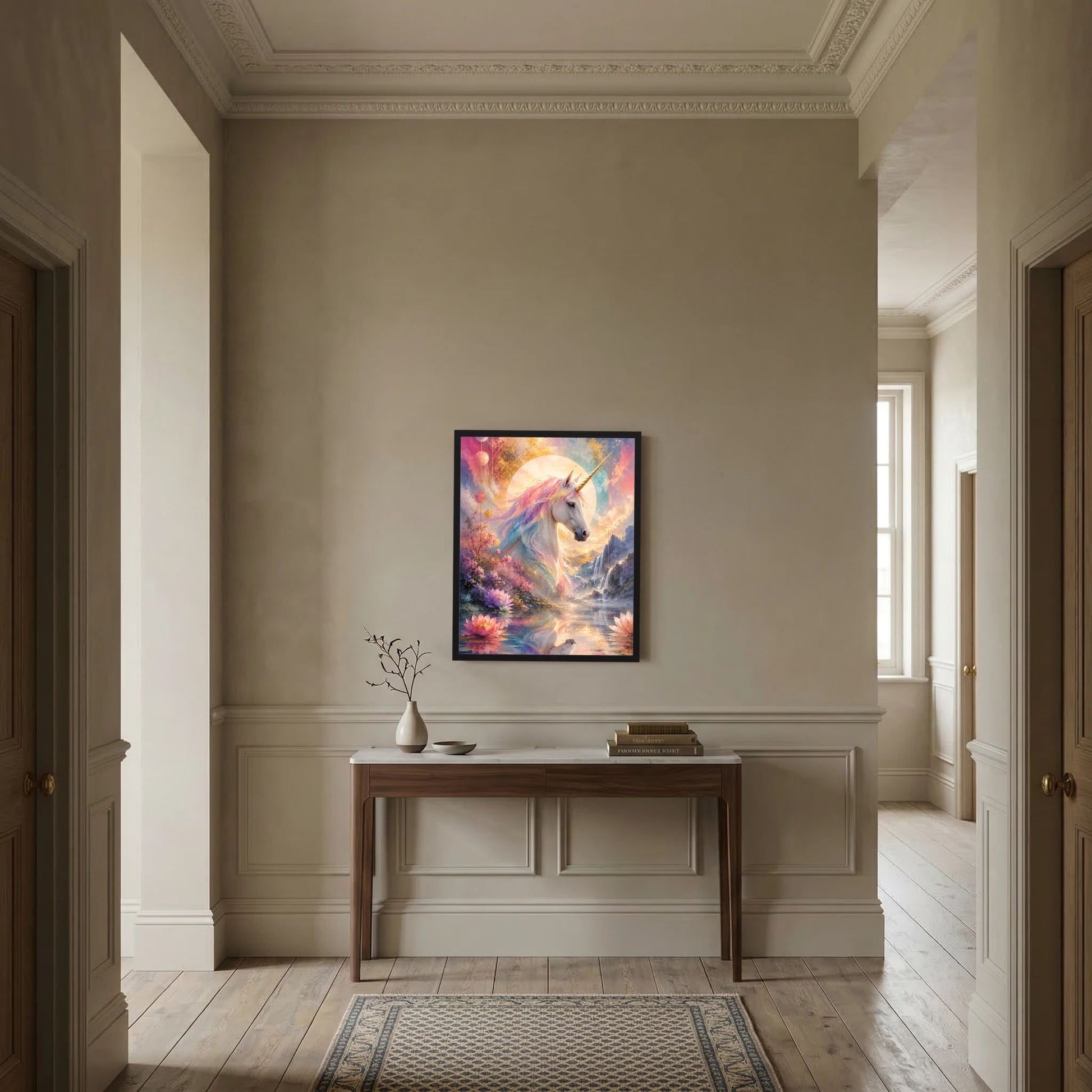 Einhorn-Kunstposter in Flurwand: weißes Einhorn im Pastellwald mit Lotus