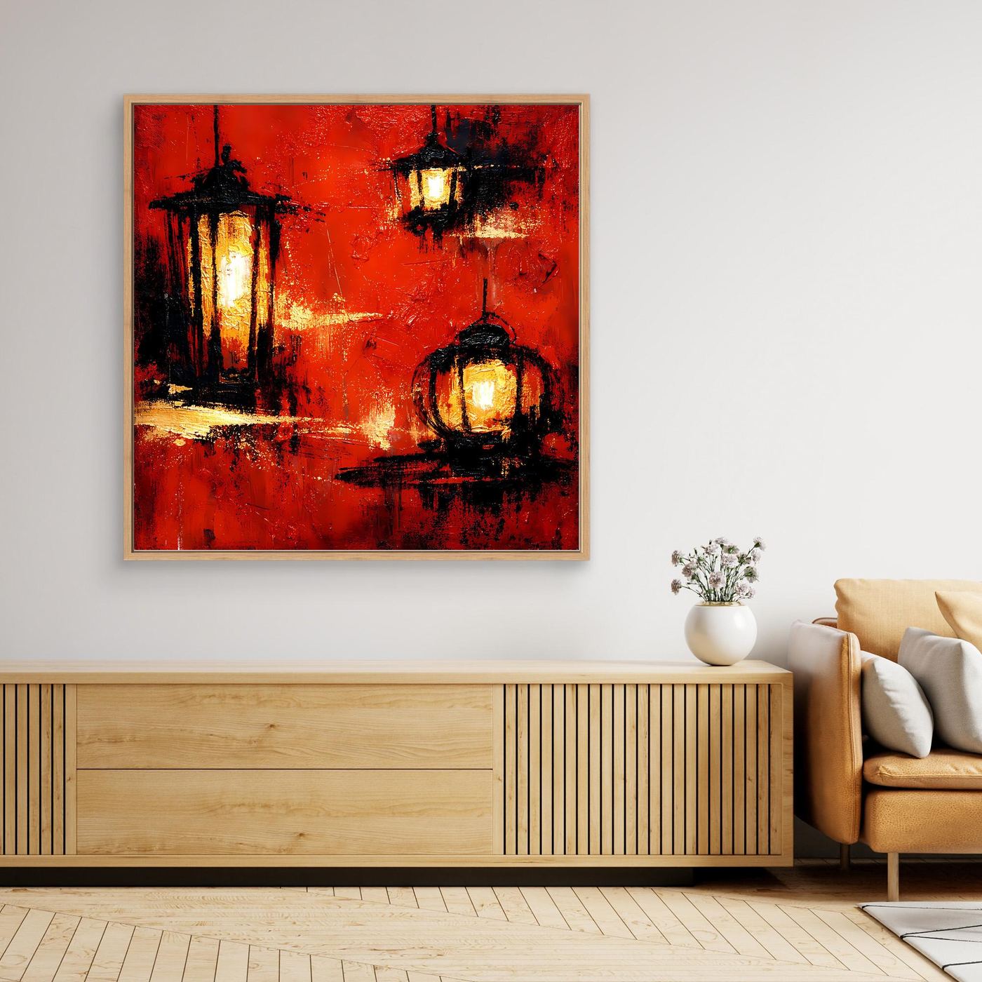 Abstraktes Wandbild mit roten Laternen und warmem Leuchten, goldene Details im Holzrahmen