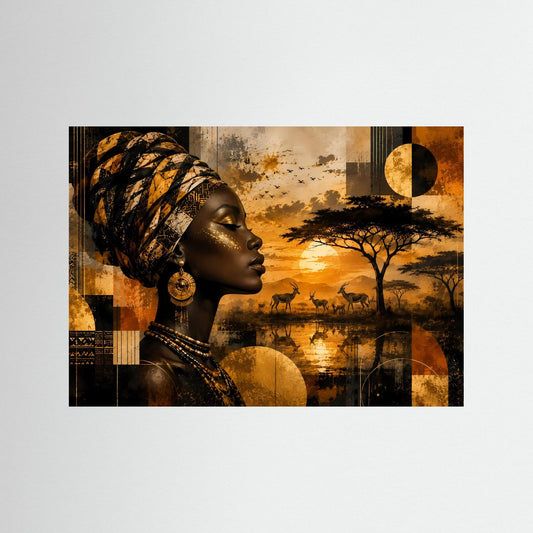 Wandbild im Querformat: Porträt afrikanische Frau mit goldenem Gesicht, Kopftuch und Ohrringen.