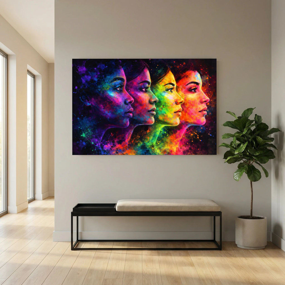 Wandbild im Querformat an heller Wand, vier farbige Porträtprofile mit Nebellicht-Farbverlauf
