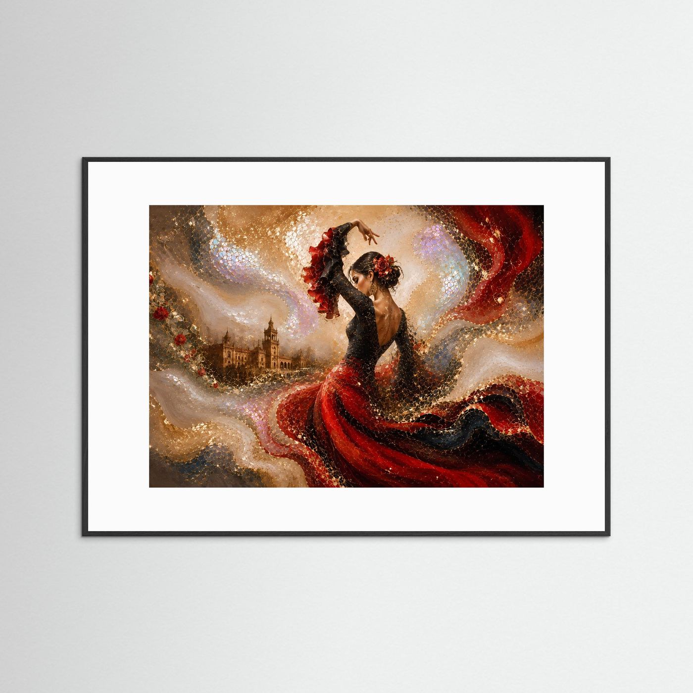 Gerahmte Flamenco-Wandkunst mit weißem Passepartout: Tänzerin, schwarzes Kleid, roter Fächerrock.
