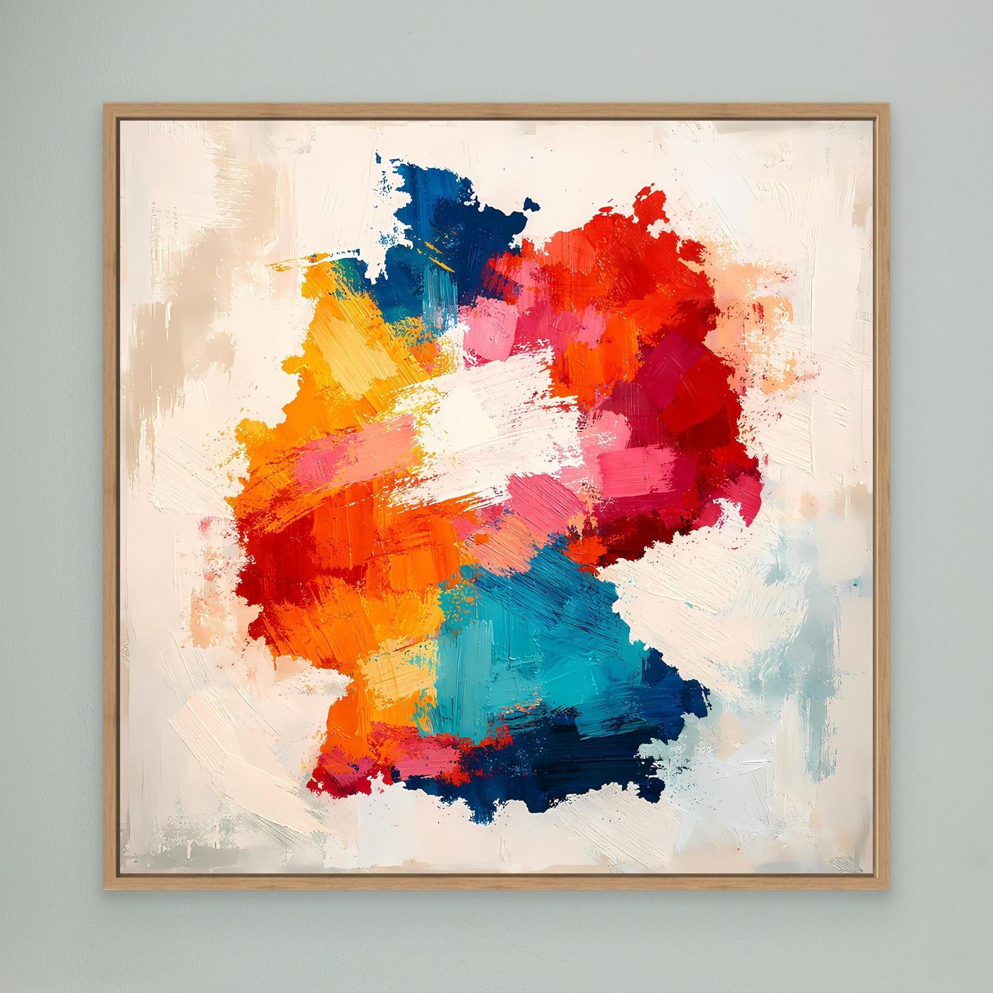 Abstract Germany map canvas wall art with oak frame, multicolor brushstroke silhouette