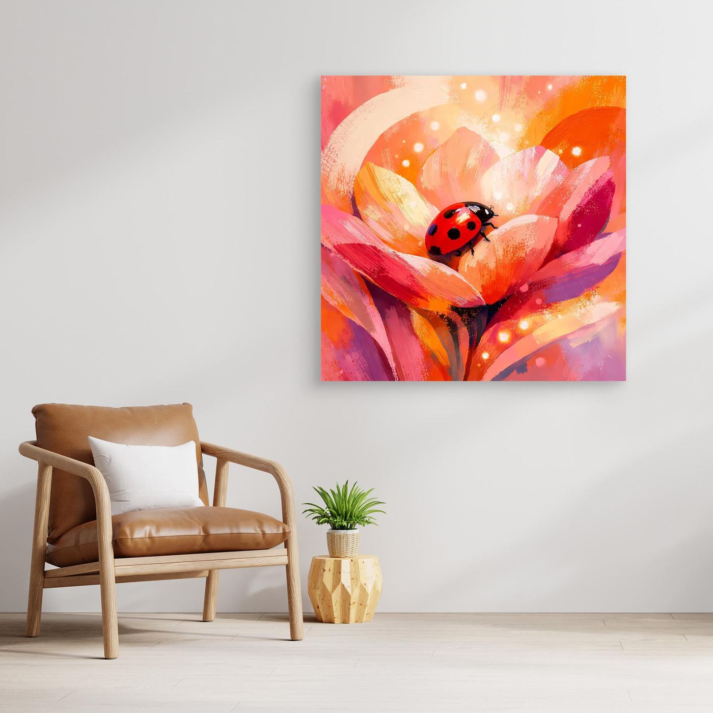 Gerahmtes Leinwandbild mit Marienkäfer auf Blüte, orange-pinkes Blütenmotiv in abstrakter Optik