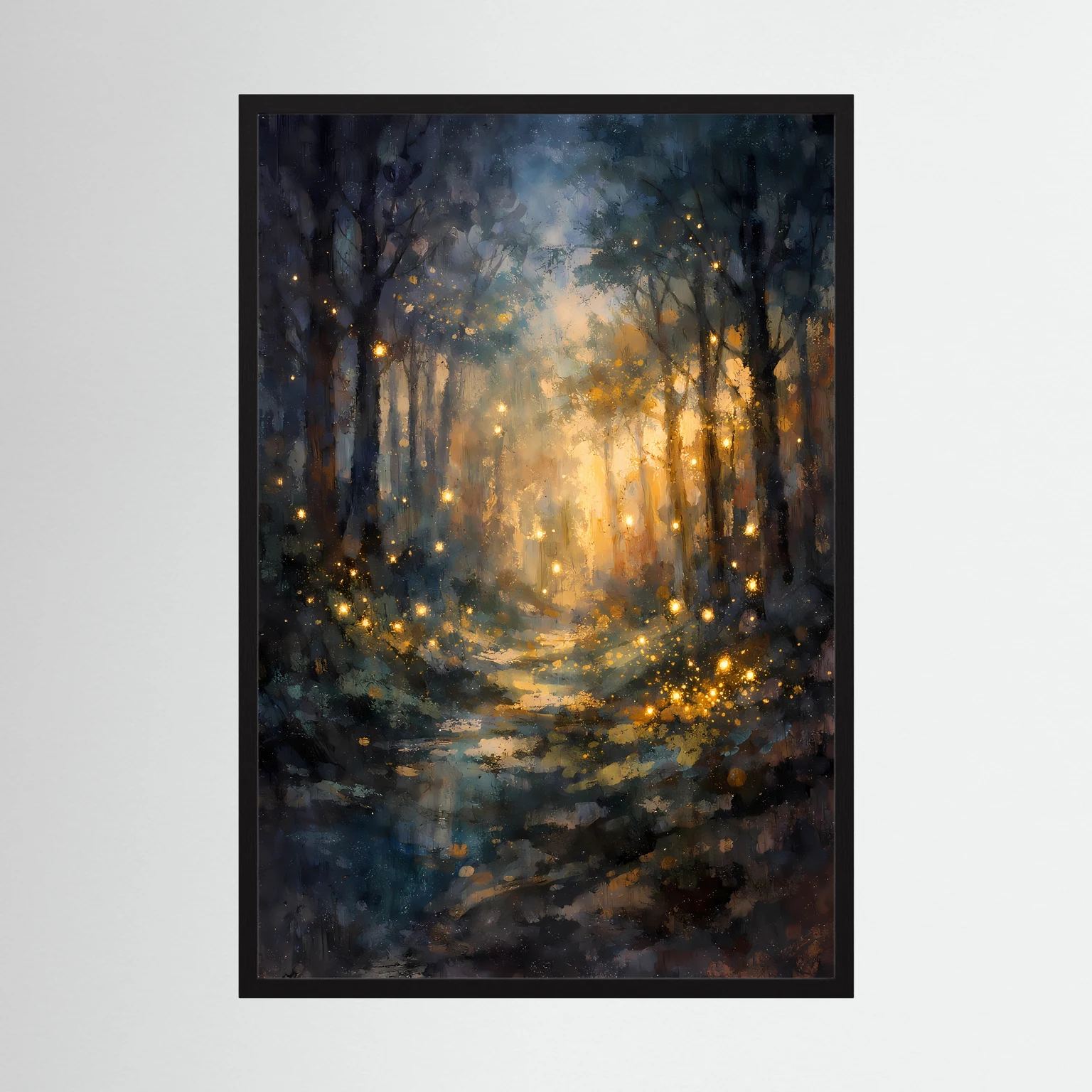 Hochformatiges Wald-Wandbild mit goldenen Lichtpunkten und hellem Leuchten im Dunkelwald