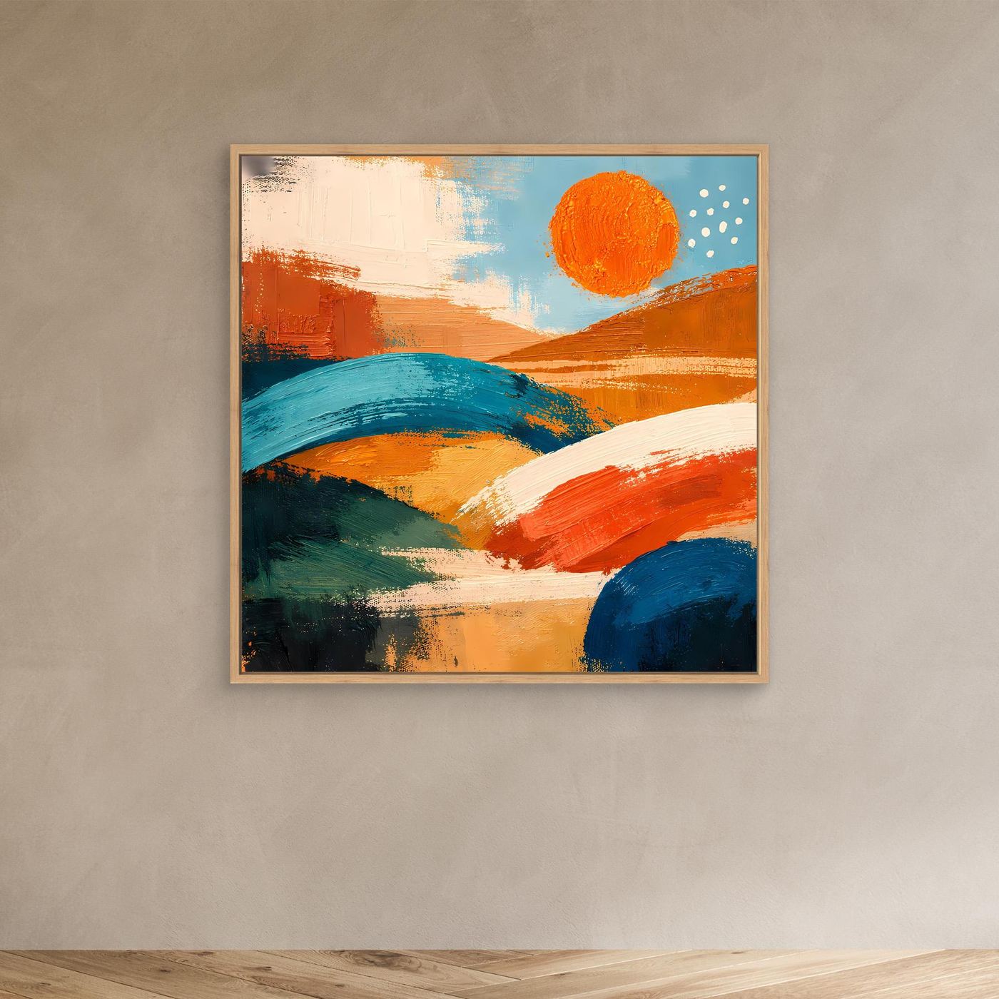 Abstract landscape wall art with oak frame; orange and blue hills with orange sun