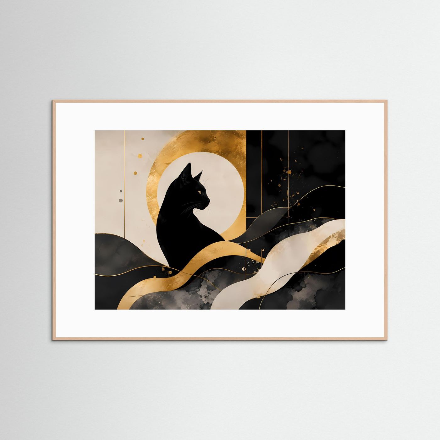 Schwarze Katze vor goldenem Mond | Abstrakte Katzenkunst in Schwarz & Gold