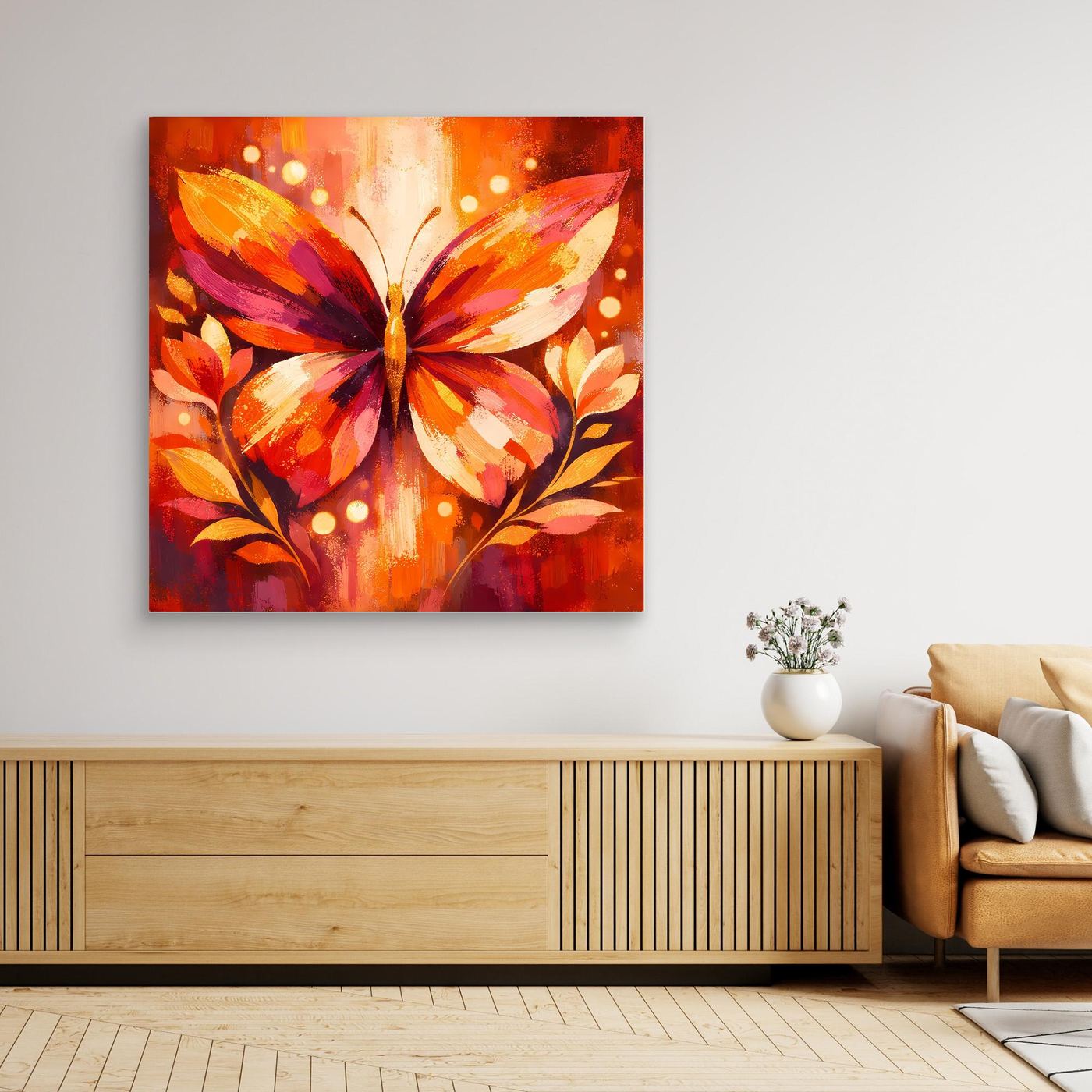 Leinwandbild mit Rahmen: Schmetterling in Orange-Rot mit dekorativen Blattornamenten