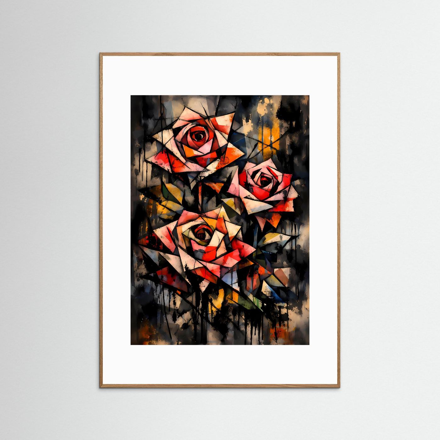 Geometrie der Liebe | Modernes Rosen Kunst Poster bunt | Abstraktes Kubismus Wandbild Hochformat