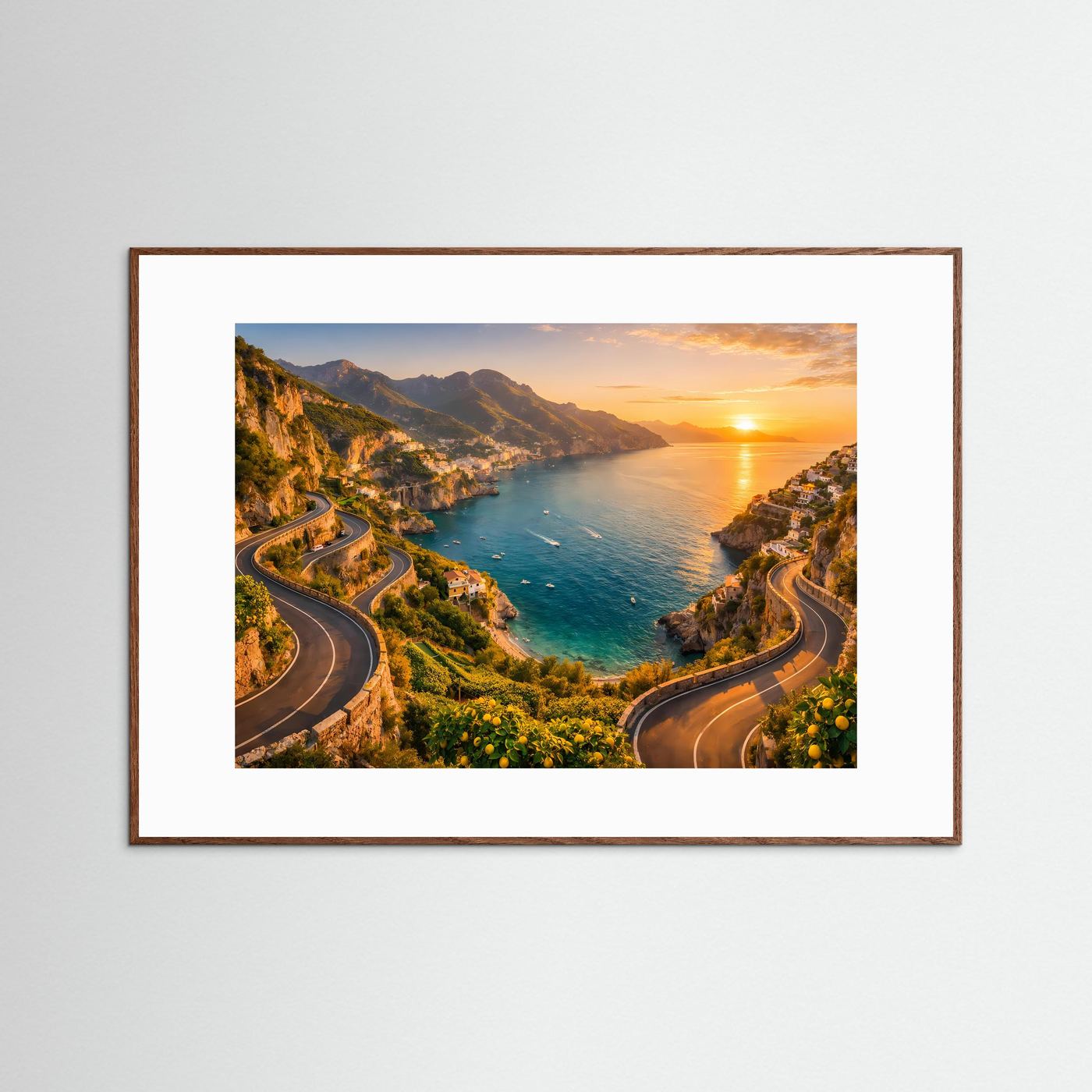 Sonnenuntergang an der Amalfiküste mit Küstenstraße | Panorama Italien & Meer Poster Querformat