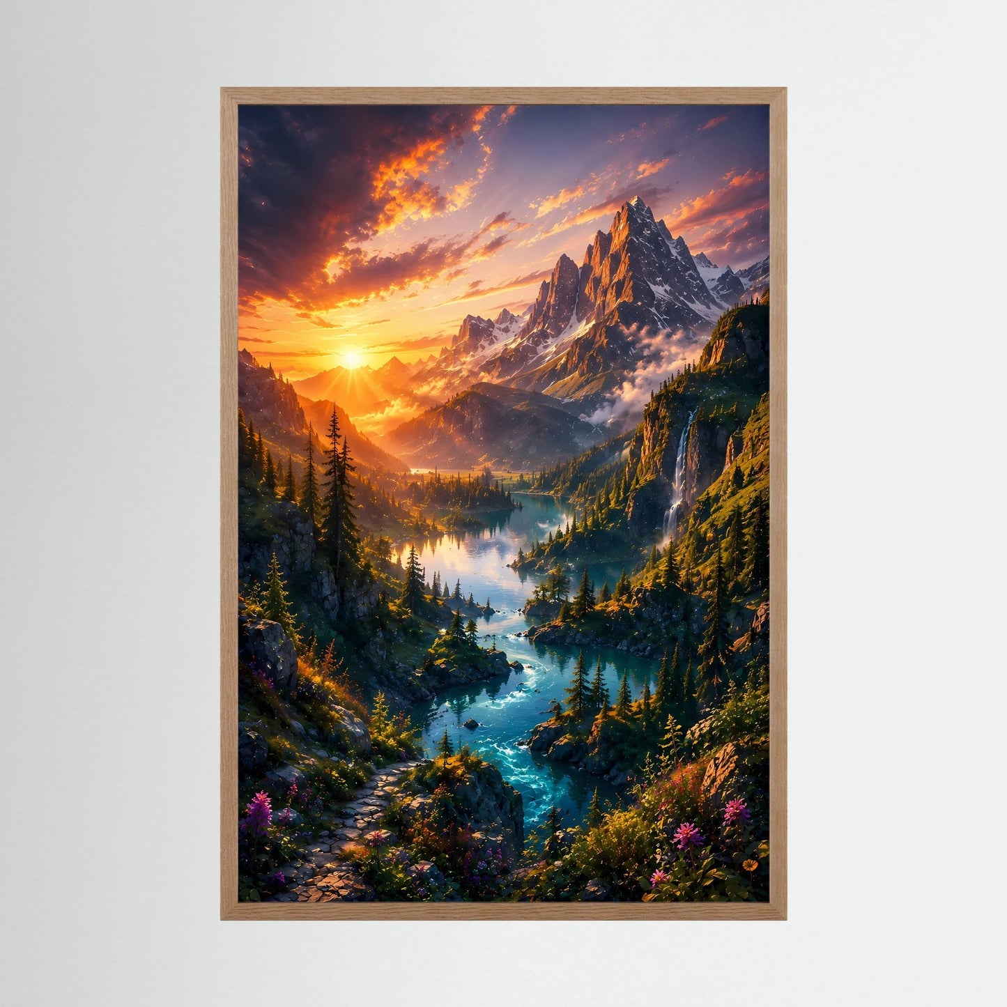 Hochformat-Poster in hellem Holzrahmen mit Berglandschaft und türkisfarbenem Flusstal