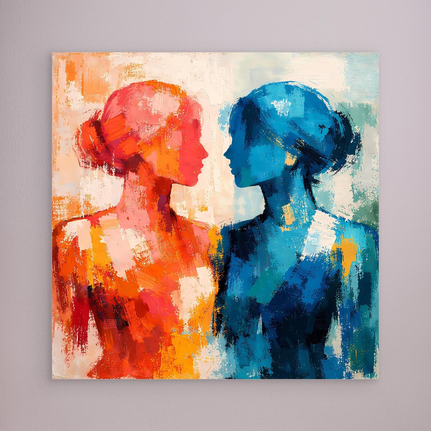 Abstraktes Wandbild mit zwei Profilen, rot und blau, ohne sichtbaren Rahmen