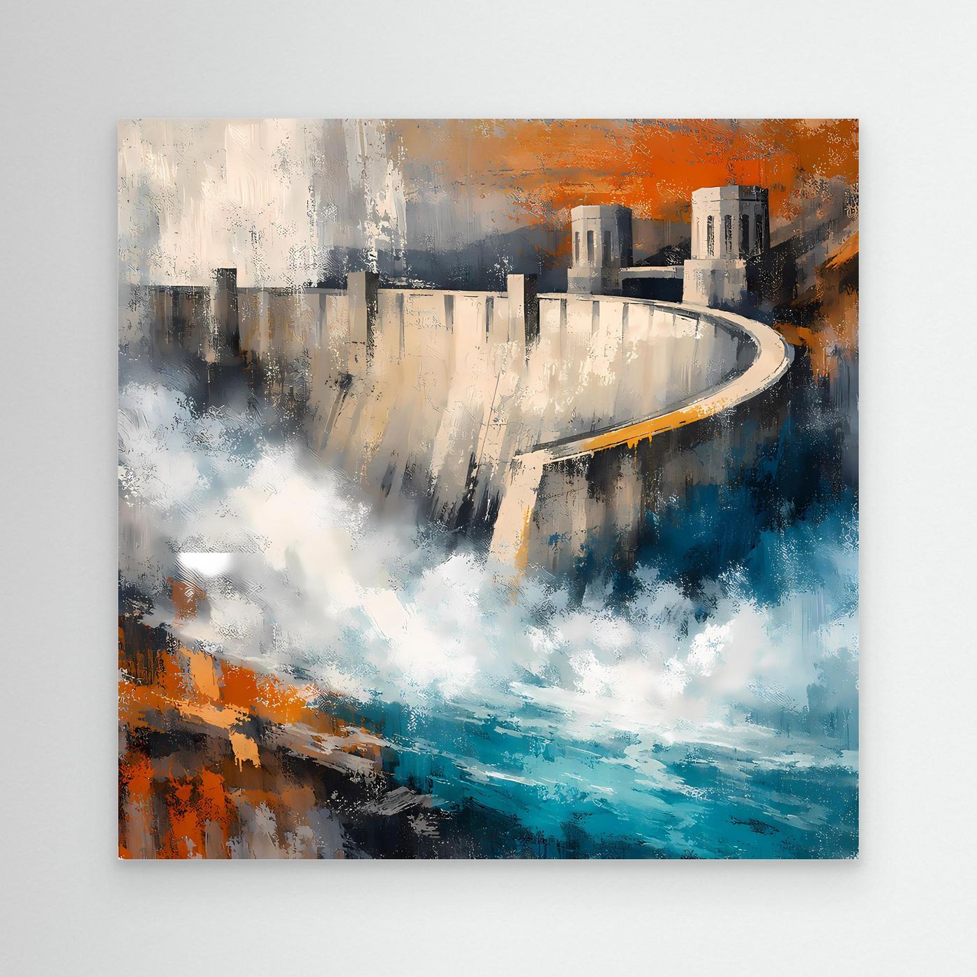 Abstraktes Leinwandbild einer Talsperre mit Damm, Blau, Orange und Wasser