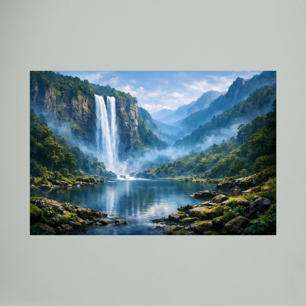 Querformat-Wandbild: Wasserfall im Bergwald über ruhigem See und Nebel
