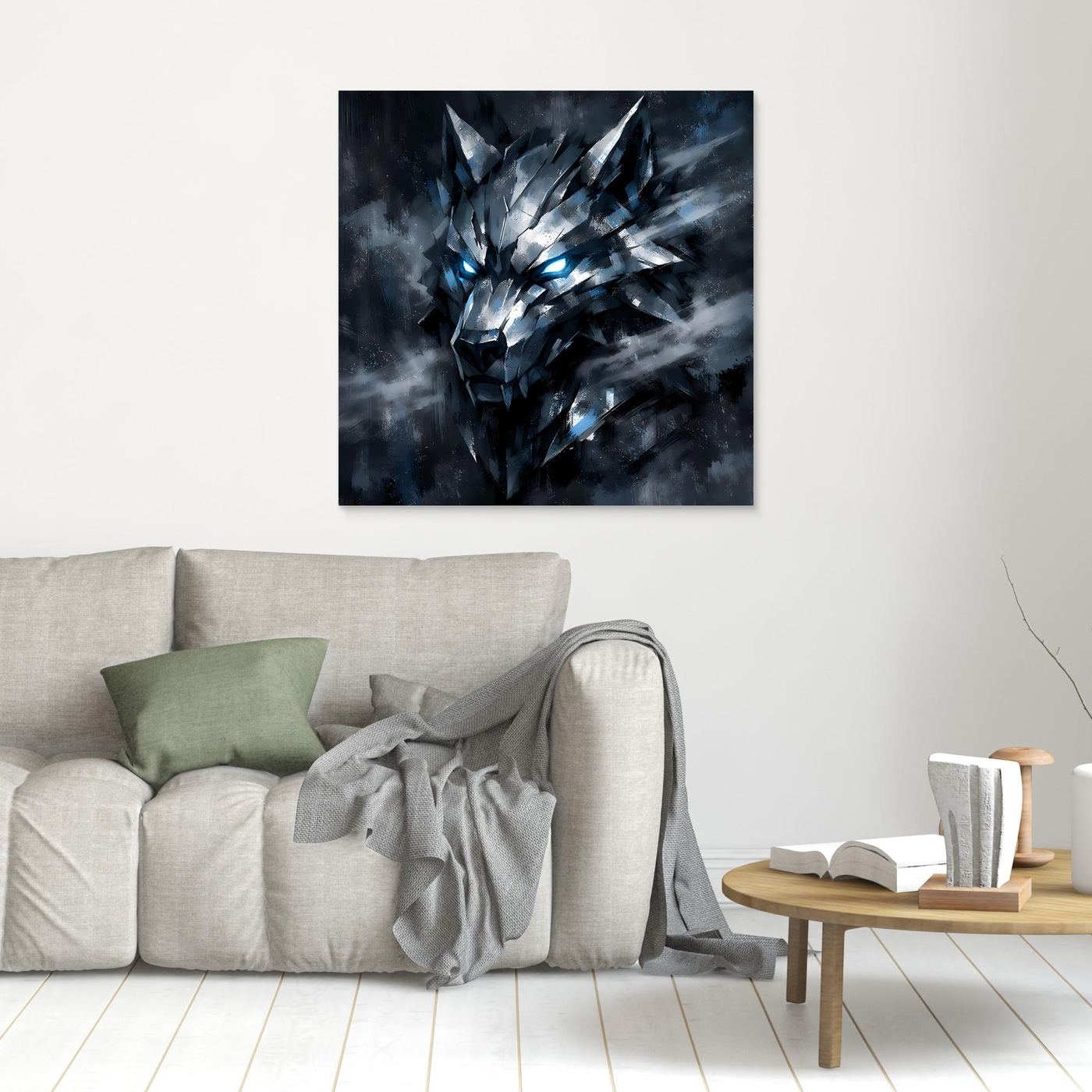 Wandbild mit geometrischem Wolf, blau leuchtende Augen, kleiner quadratischer Schnitt
