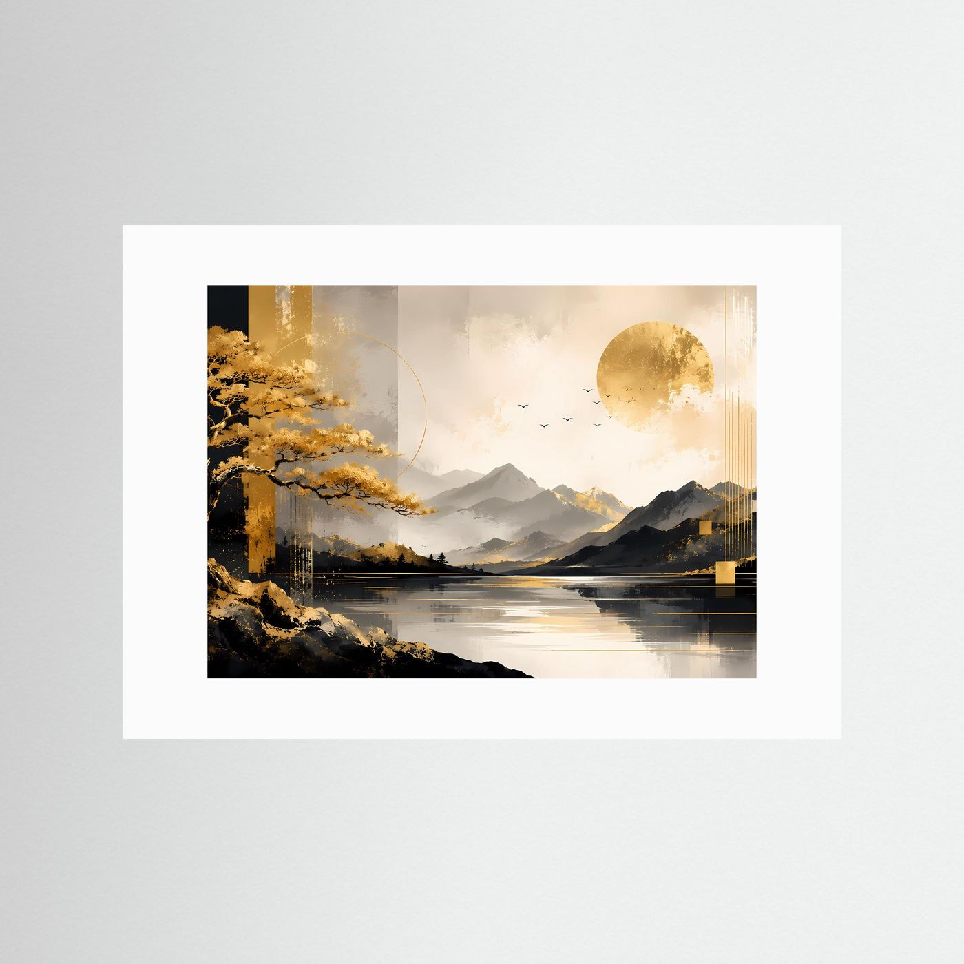 Goldener Bonsai am Bergsee | Elegante Landschaft mit Bergen, Sonne und Wasser | Moderne Naturkunst in Schwarz, Gold und Creme im Querformat