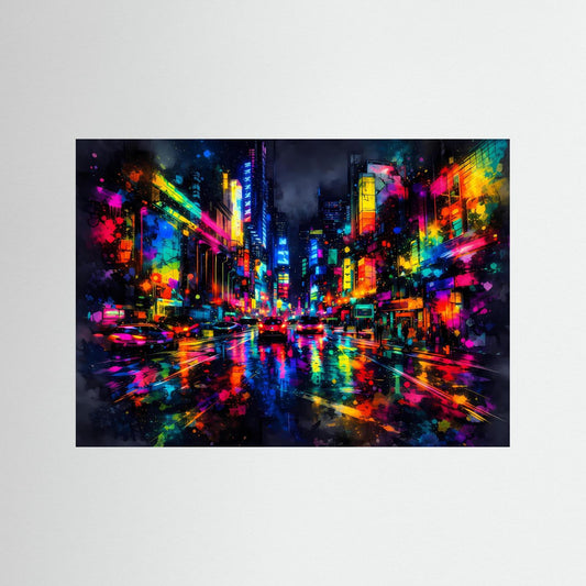 Neon-Stadtposter Querformat mit bunten Lichtern über nächtlicher Großstadt
