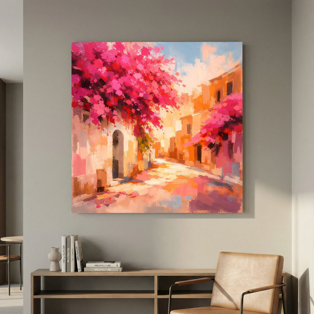 Leinwandbild perspektivische Gasse mit rosa Blüten, orange Häusern und sanften Pastellfarben