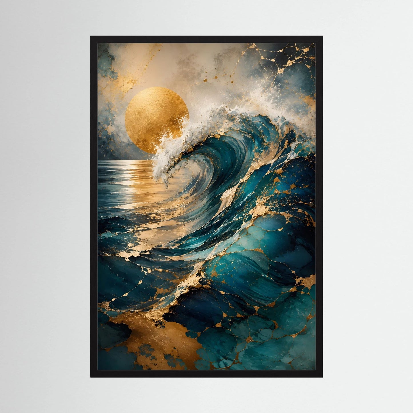 Kunstposter „Goldene Welle“: abstrakte Welle in Petrol/Türkis mit goldener Sonne, schwarzer Rahmen