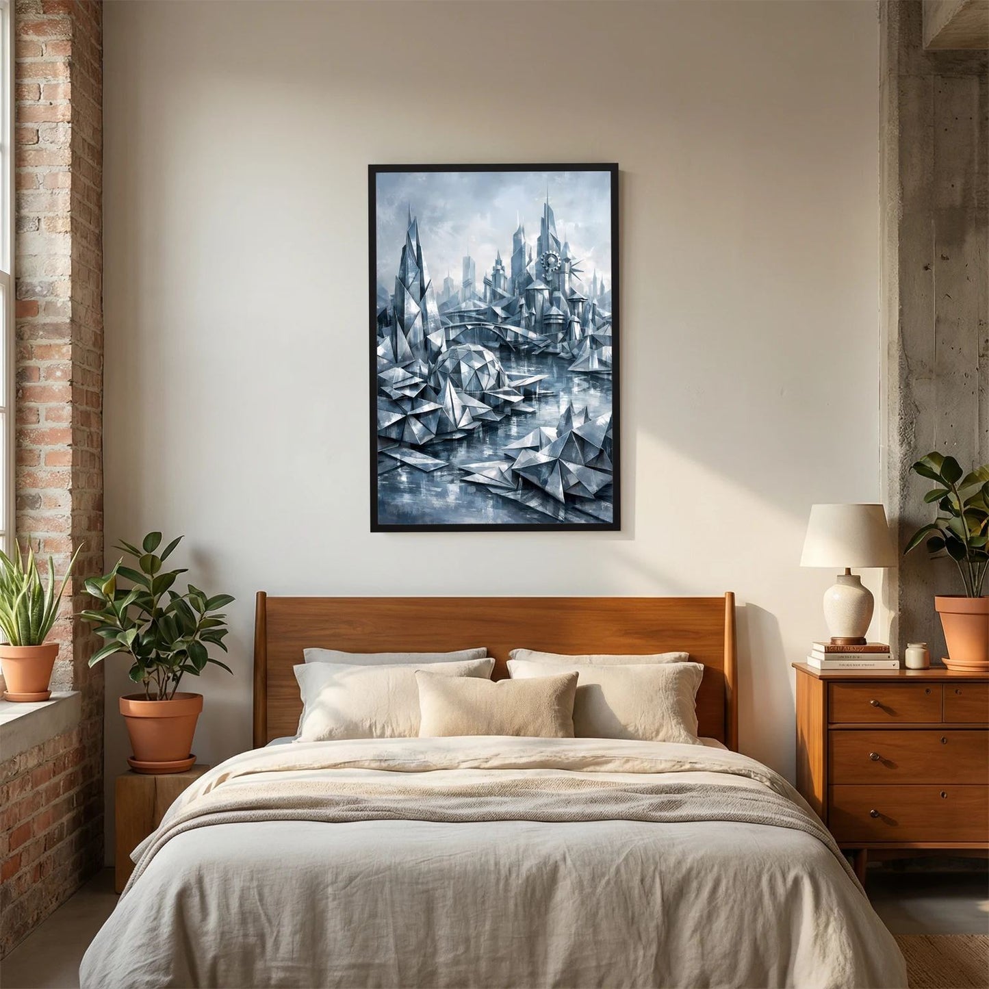 Futuristisches Stadtposter mit silbern-blauer Stadtlandschaft, schwarzer Rahmen.
