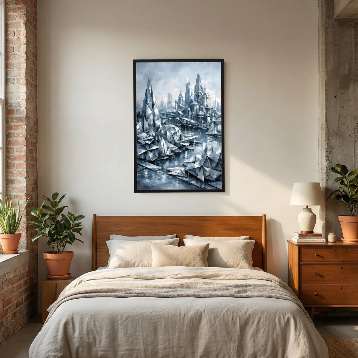 Futuristisches Stadtposter mit silbern-blauer Stadtlandschaft, schwarzer Rahmen.