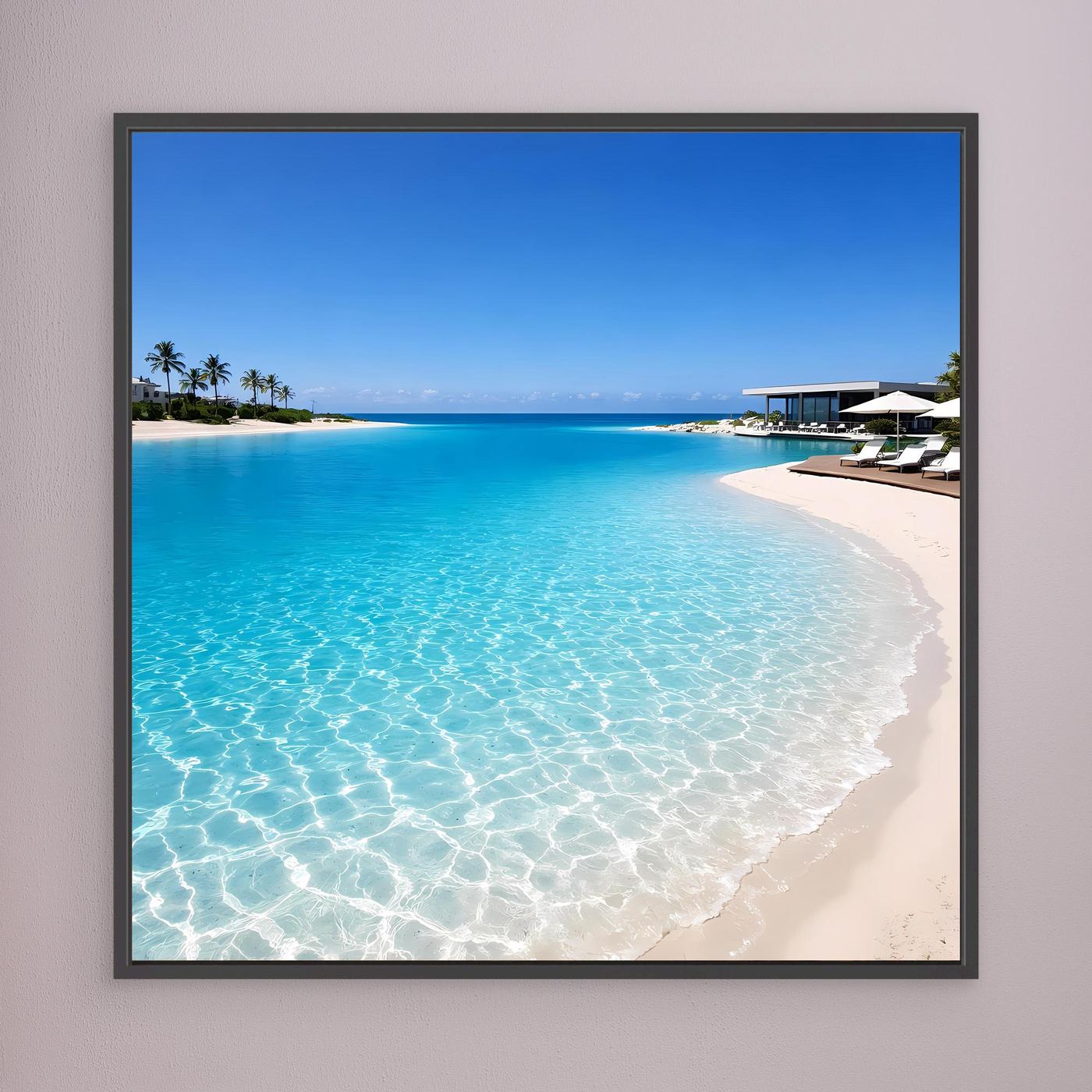 Leinwandbild: türkisblaues Meer mit Sandstrand und Palmen, dunkel gerahmt.