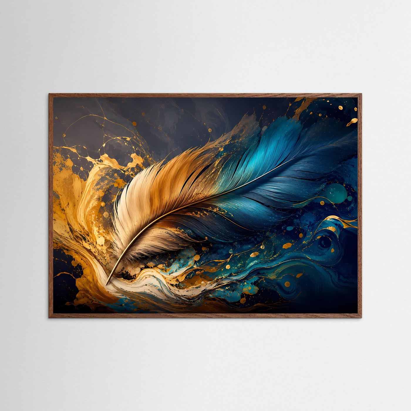 Schwerelose Eleganz: Goldene und blaue Feder im Farbrausch | Modernes Art-Poster Querformat