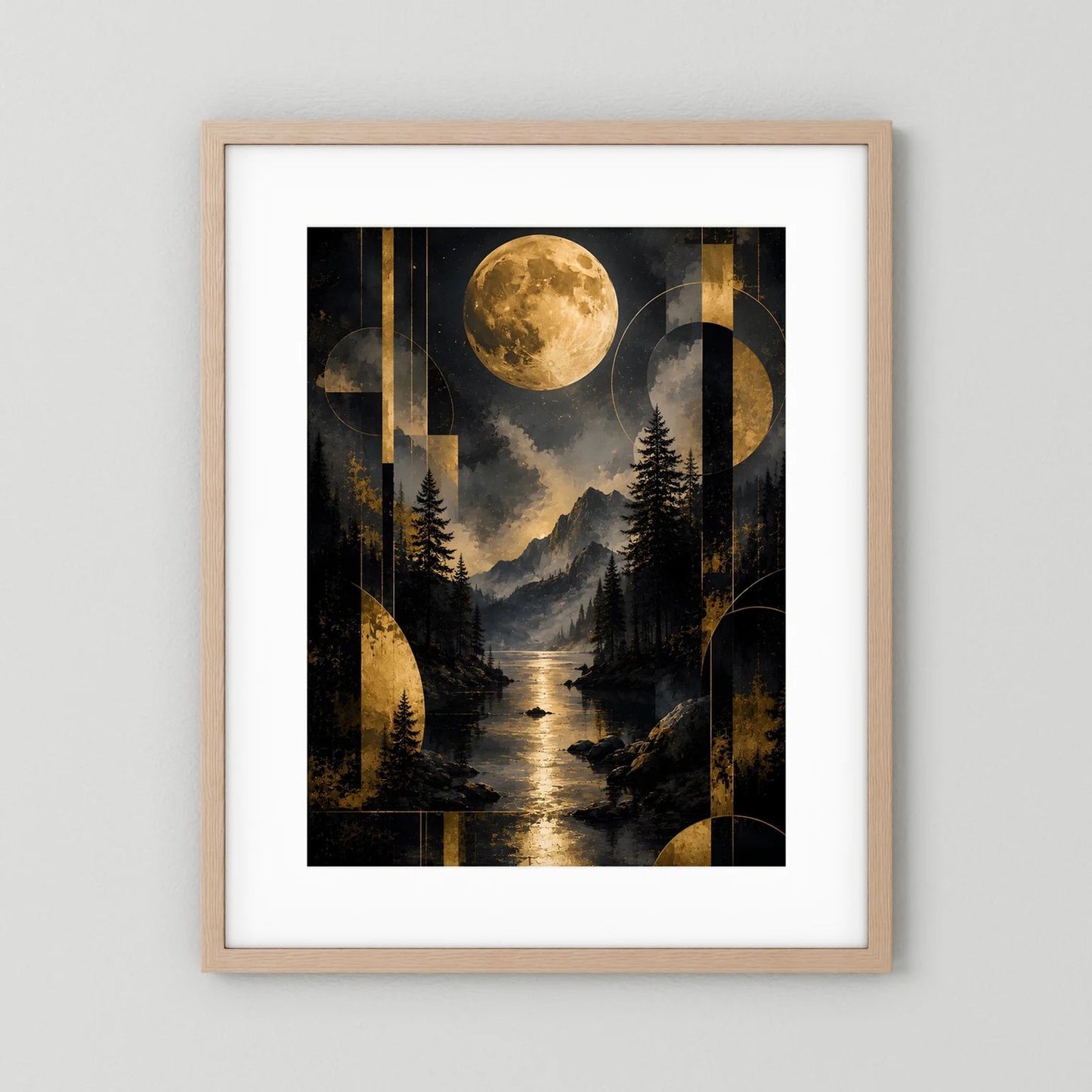 Gerahmtes Hochformat-Poster mit goldener Vollmond-Landschaft, Bergen, Tannen und Fluss in Hellholz