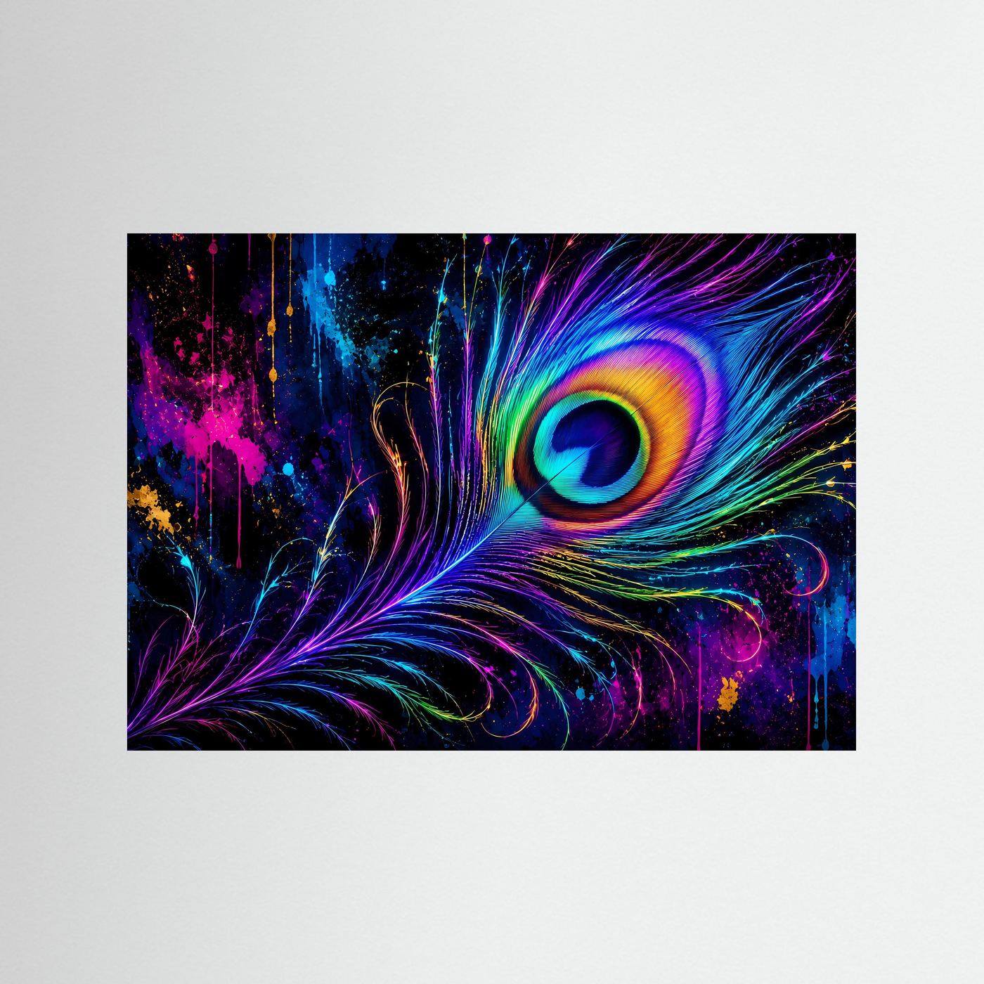 Neon Pfauenfeder in leuchtenden Farben | Abstrakte Regenbogen Kunst – Modernes Poster Querformat
