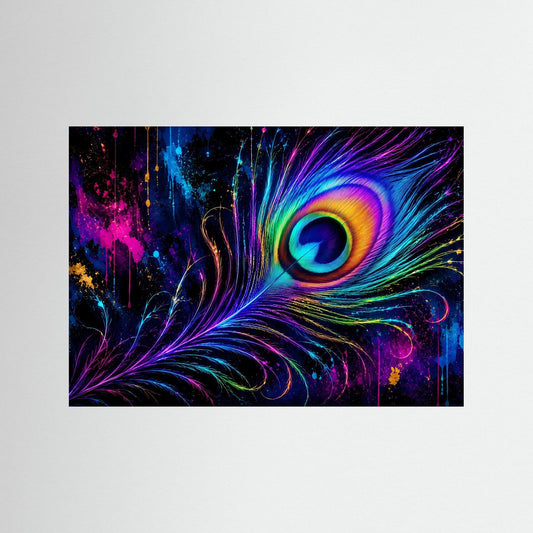 Gerahmtes Querformat-Poster mit abstraktem Pfauenfeder-Motiv in leuchtenden Regenbogenfarben