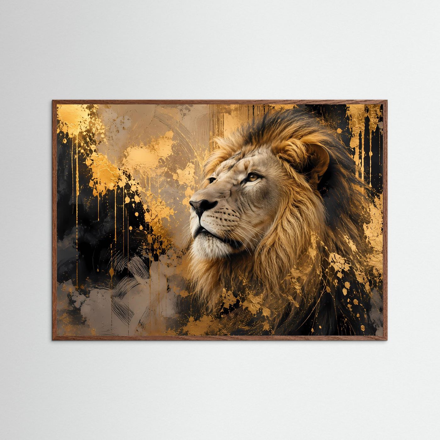 Löwenkunstposter mit goldener Löwenmähne und Blick nach vorn, mit Holzrahmen
