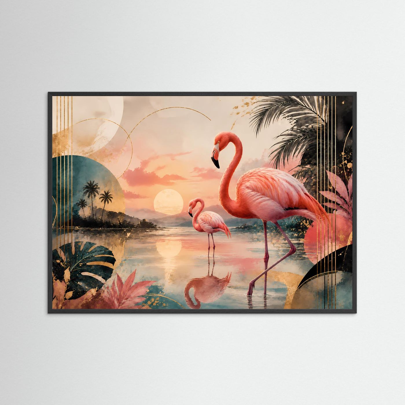 Elegante Flamingos in tropischer Lagune bei Sonnenuntergang | Exotische Flamingo Wandkunst in Rosa, Petrol, Gold & Creme | Modernes Tier Poster im Querformat mit Palmen und abstrakten Formen