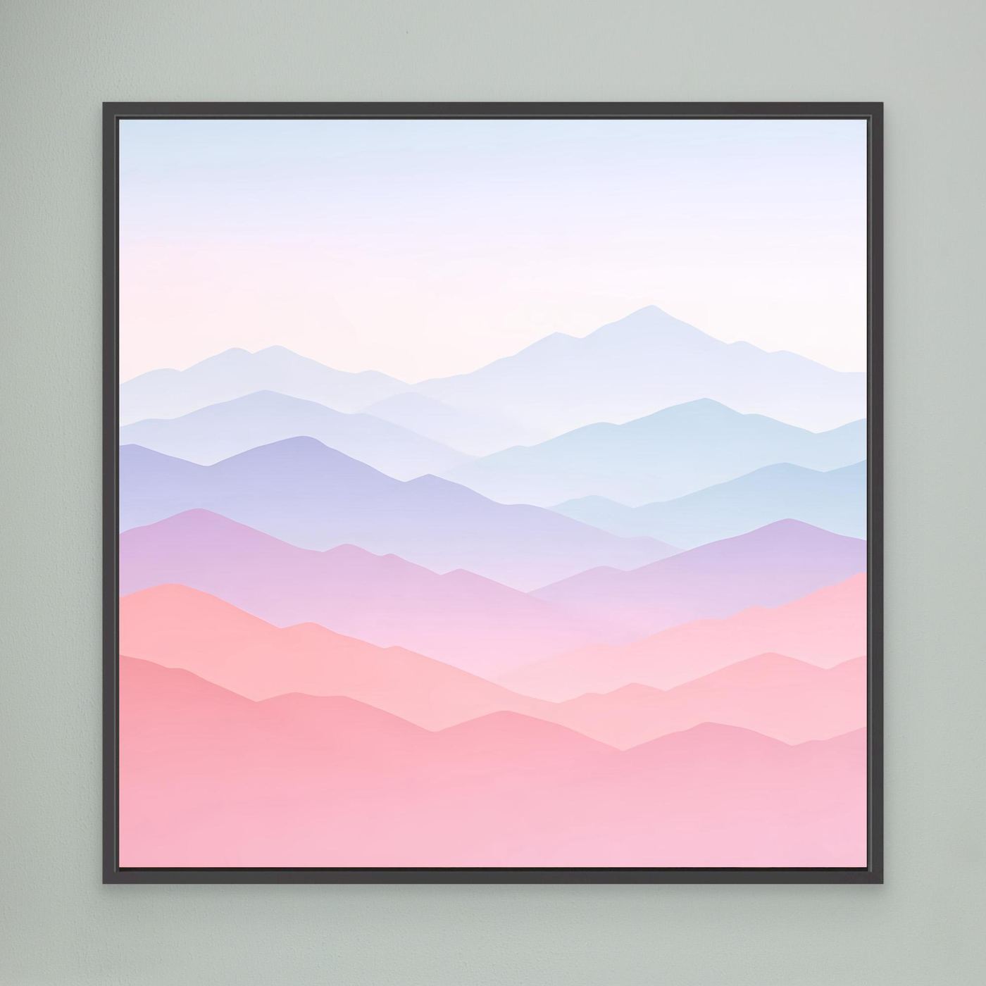 Leinwandbild mit schwarzem Rahmen, pastellige Bergschichten in Blau-Rosa