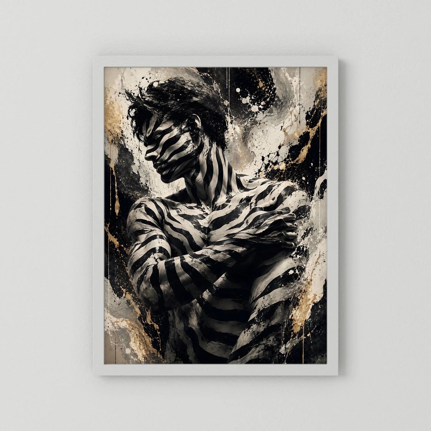 Wandkunst-Poster Zebra-Mann mit Zebra-Streifen, Schwarz-Gold und weißem Rahmen