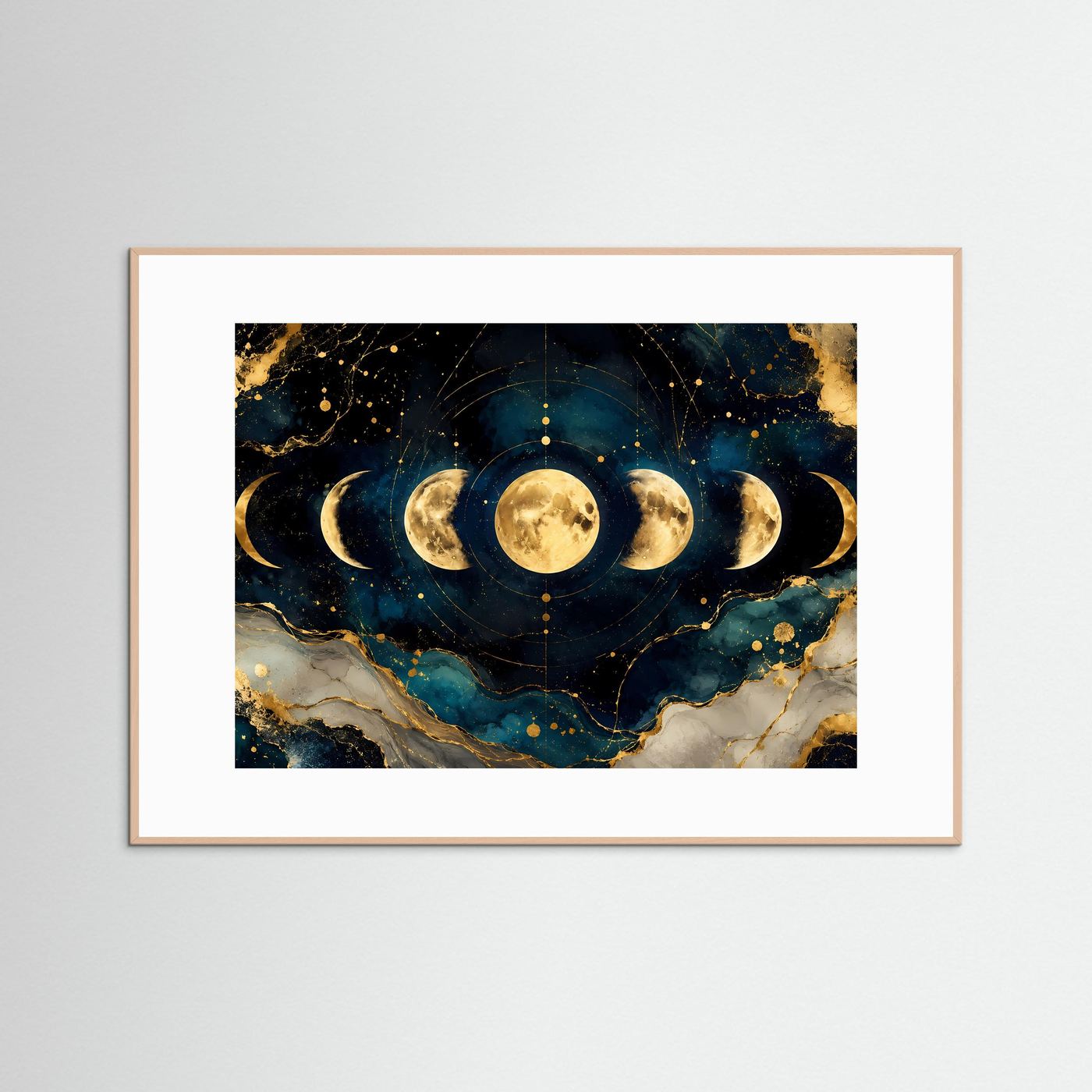 Mondphasen im Kosmos mit Gold | Spirituelles Universum & Astrologie Poster im Querformat