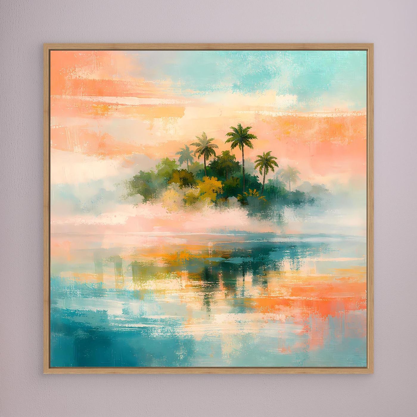 Abstraktes Leinwand-Wandbild: Palmen und Meerlandschaft in Pastell, Holzrahmen